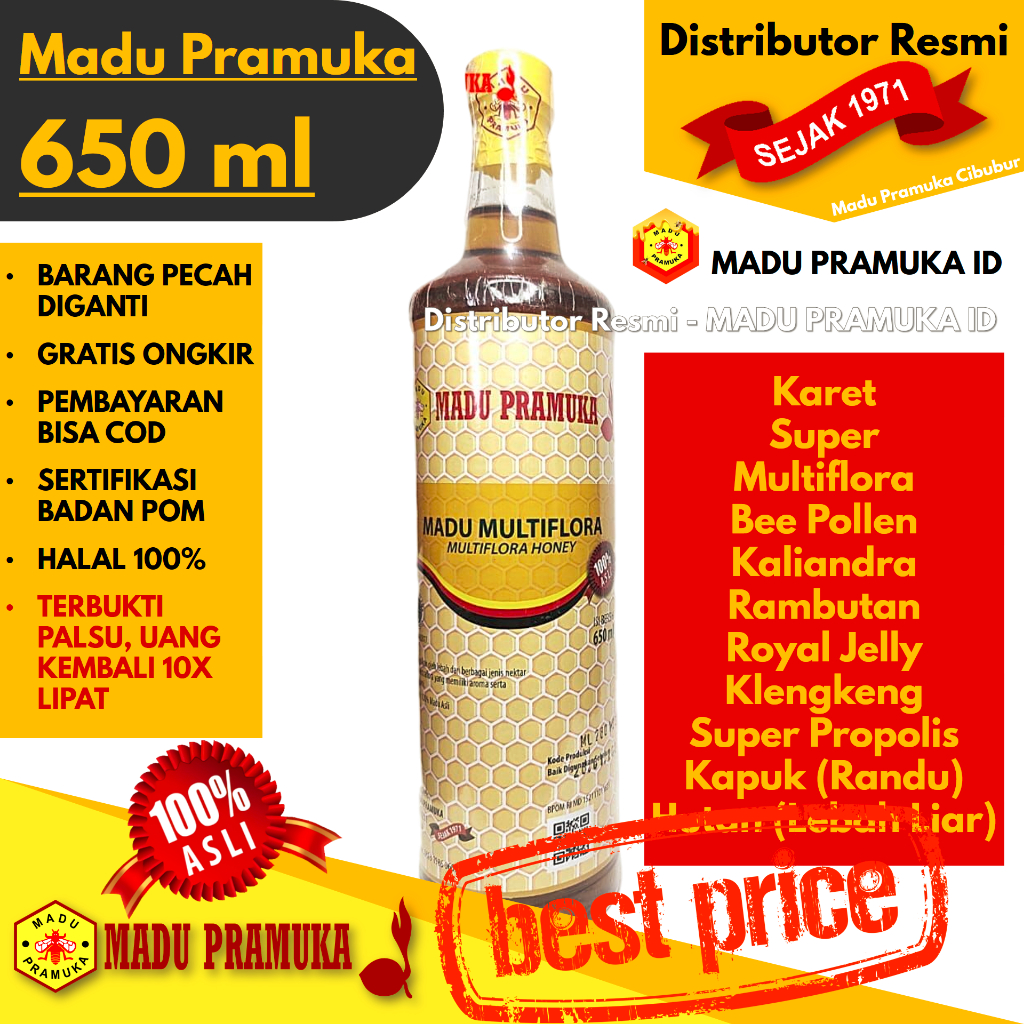 

MADU PRAMUKA 650 ML - Multiflora, Royal Jelly, Super, Kapuk (Randu), Hutan (Lebah Liar), Bee Pollen, Kaliandra, Karet, Klengkeng, Super Propolis, Rambutan - Asli Original Alami Murni Murah - Resmi Official Store Star Seller