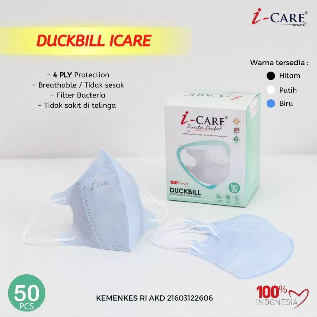 Masker Duckbill ICare 4ply 4 Ply 4 Lapis Dewasa Embos i Care i-Care Original Earloop Premium 1 box isi 50 pcs Disposable tidak pengap tali elastis mudah enteng nafas bernafas Medis Premium Quality Made in indonesia