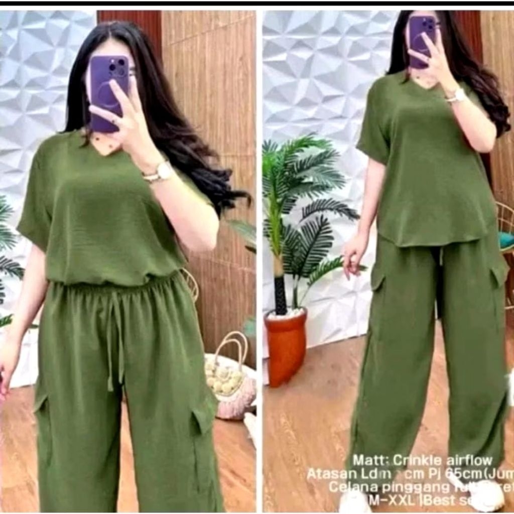 setelan crinkle wanita celana cargo jumbo setelan terbaru