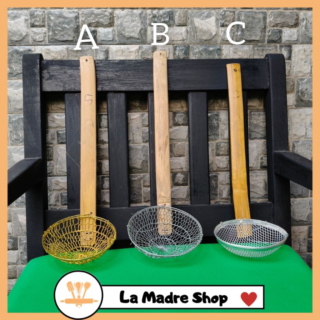 Saringan Mie Ayam Serokan   Serok Mie Sayur gagang Bambu - 3 model Kawat Kuningan Alumunium