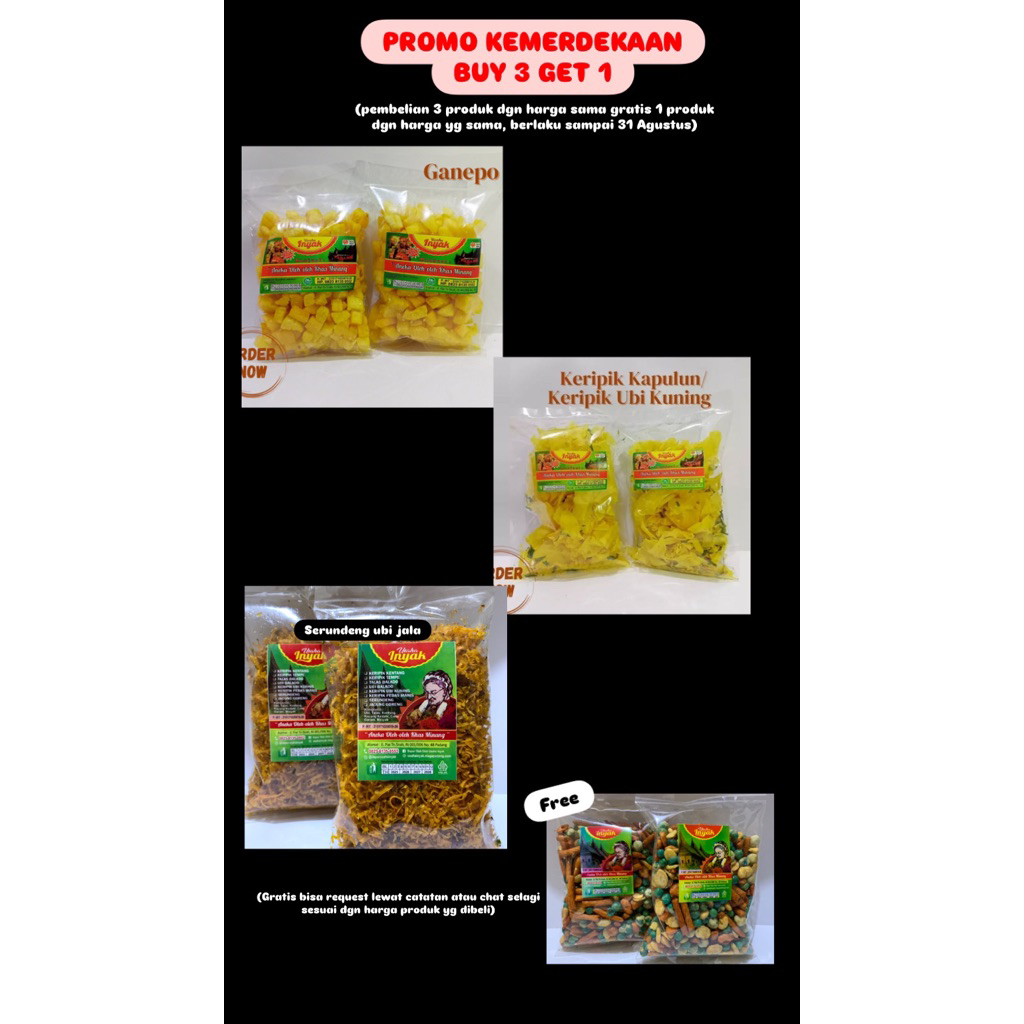 

(PROMO PAKET KEMERDEKAAN PRODUK Harga 10.000) Ganepo, Keripik Ubi kuning, Serundeng, Keripik Usaha Inyak