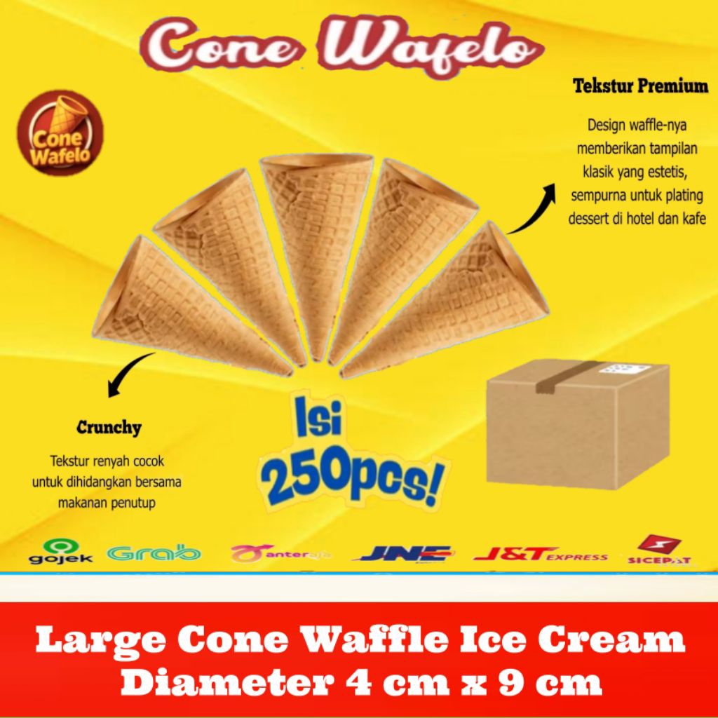 

Large Cone Waffle 4x9cm Isi 250 pcs | Cone Es Krim Besar Renyah Grosir Café Resto Hotel Dessert