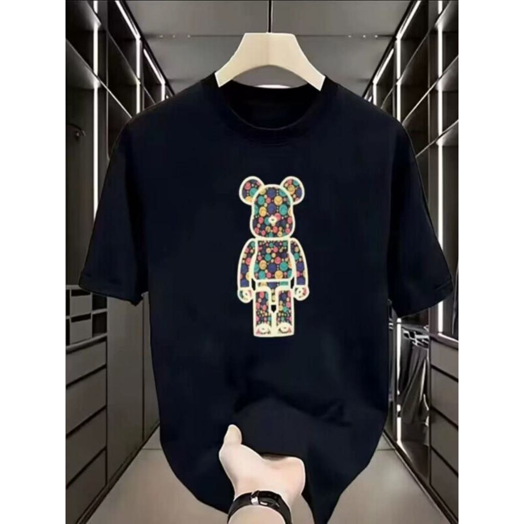 Gelombokan kekerasan beruang kecil lengan pendek T-shirt pria musim panas berat longgar kerah pasang