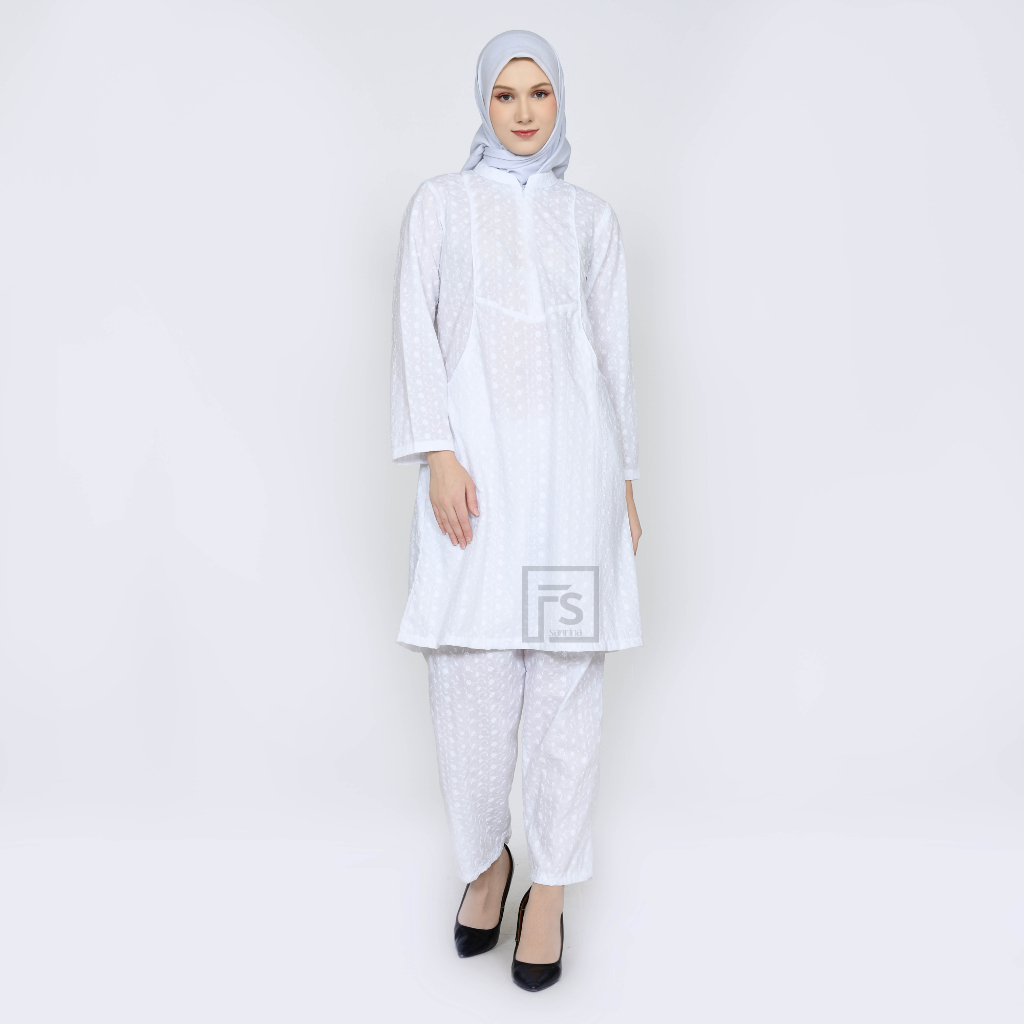 Nn99 Setelan Baju Umroh Haji Wanita Katun Jepang Bordir Putih Tunik Celana