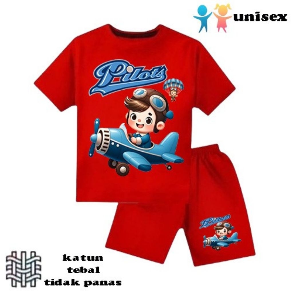 setelan baju anak laki-laki perempuan baju kaos anak laki-laki perempuan motif pilot pesawat umur 2-