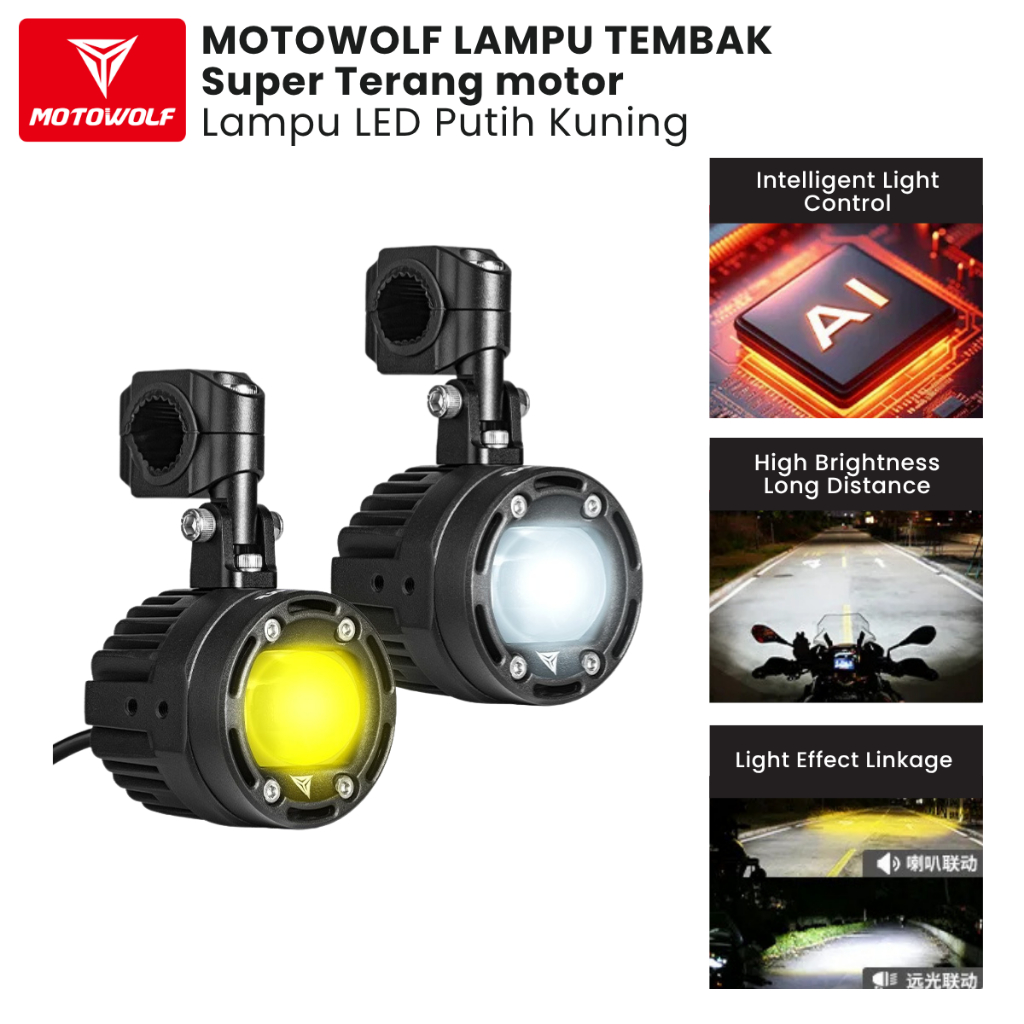 Motowolf Lampu Tembak Motor Super Terang Lampu LED Motor Putih Kuning