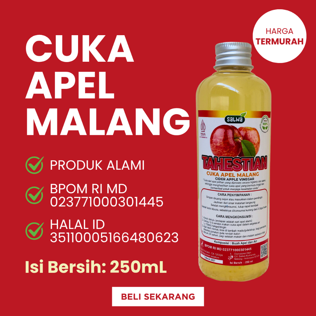 

Cuka Apel Malang Tahestian 250ml with Mother Tanpa Proses Pemasakan Kemasan Aman Bubble Wrap Halal BPOM