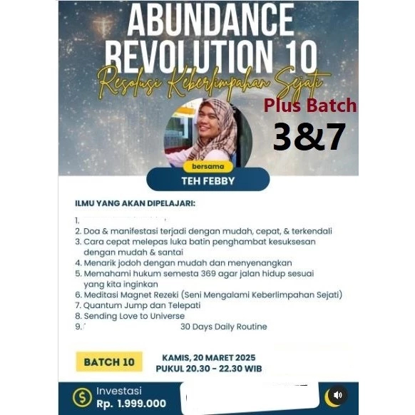 

Video Tutorial Abundance Revolution Teh Febby Batch 3 & 7 & 10 ini di kemas dalam 1 flash disk / Micro SD 8GB + Card Reader yang berisi file 10 Video Kelas Zoom