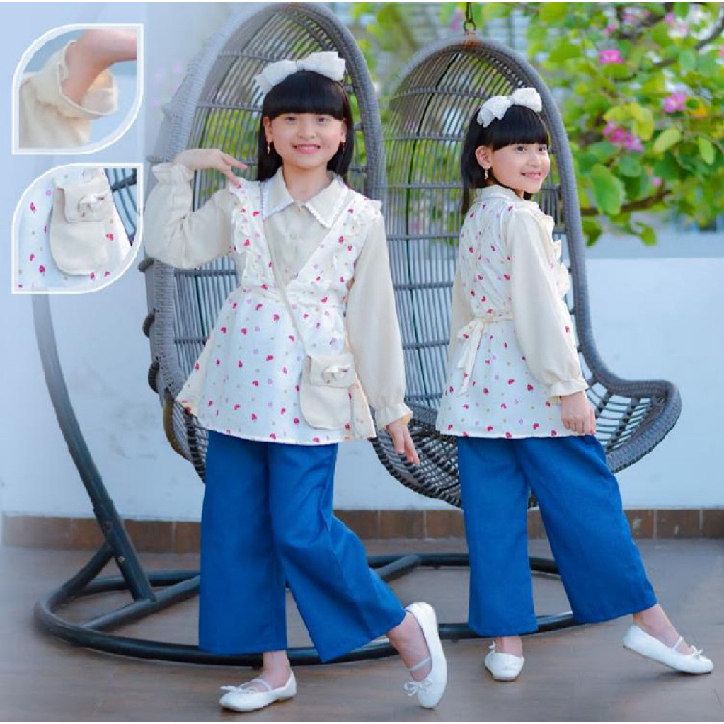 Setelan Anak Perempuan Jeans Terbaru Usia 3-12 Tahun | Baju Set Cewek Atasan Cotton Bawahan Jeans Mo