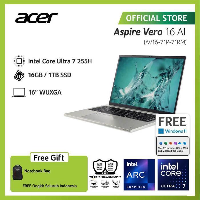 ACER LAPTOP ASPIRE VERO 16 AI AV16-71P-71RM 16" WUXGA INTEL CORE ULTRA 7 255H (EVO) RAM 16GB STORAGE