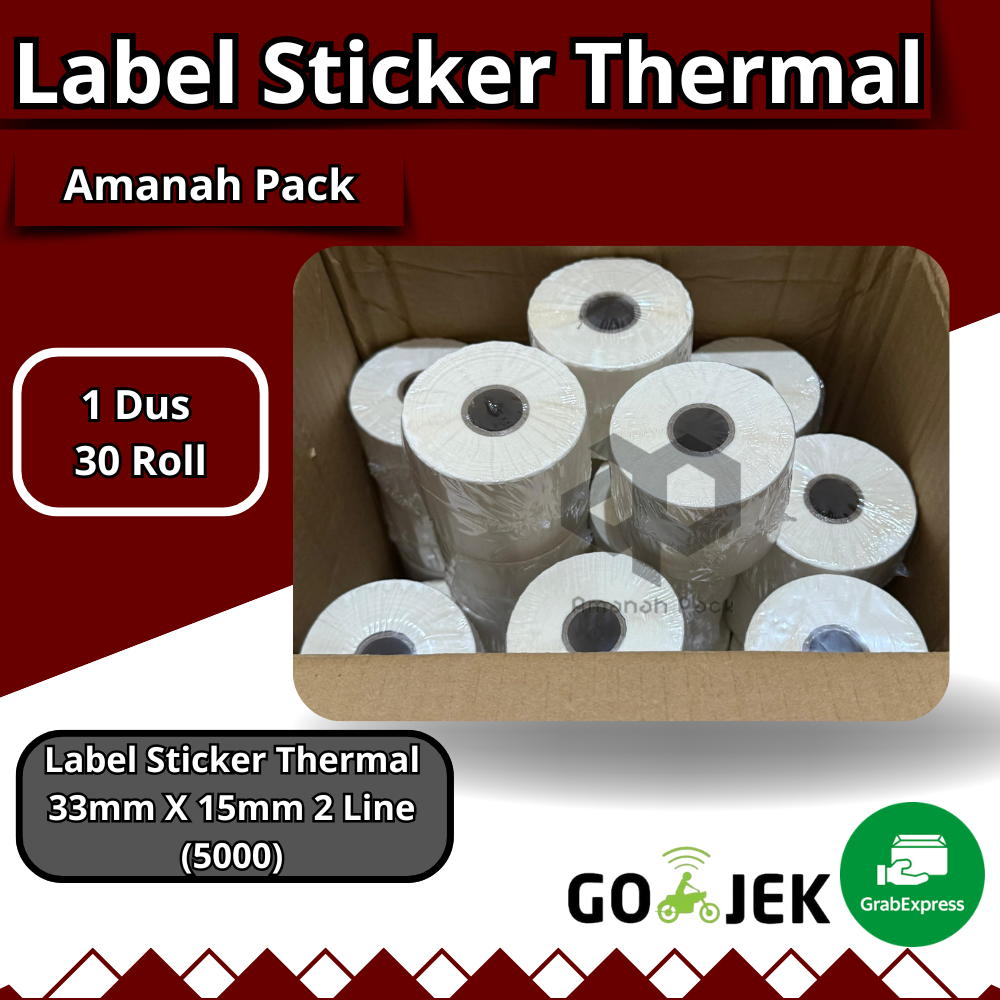 

LABEL STICKER THERMAL ROLL 2 LINE 33X15 5000PCS, (1 Dus 30 Roll ) LABEL STICKER, THERMAL STICKER