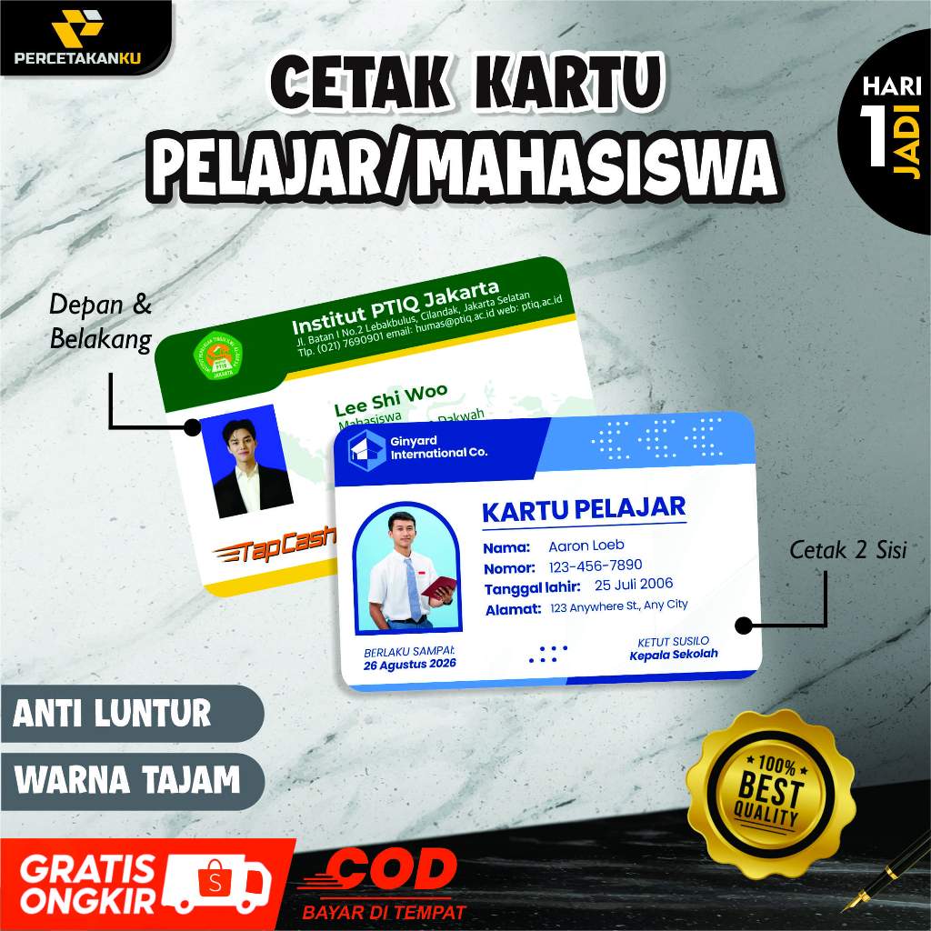 

Cetak Kartu Mahasiswa | Cetak Kartu Pelajar | Bisa Satuan Anti Luntur Bahan PVC Tebal 2 SISI Murah