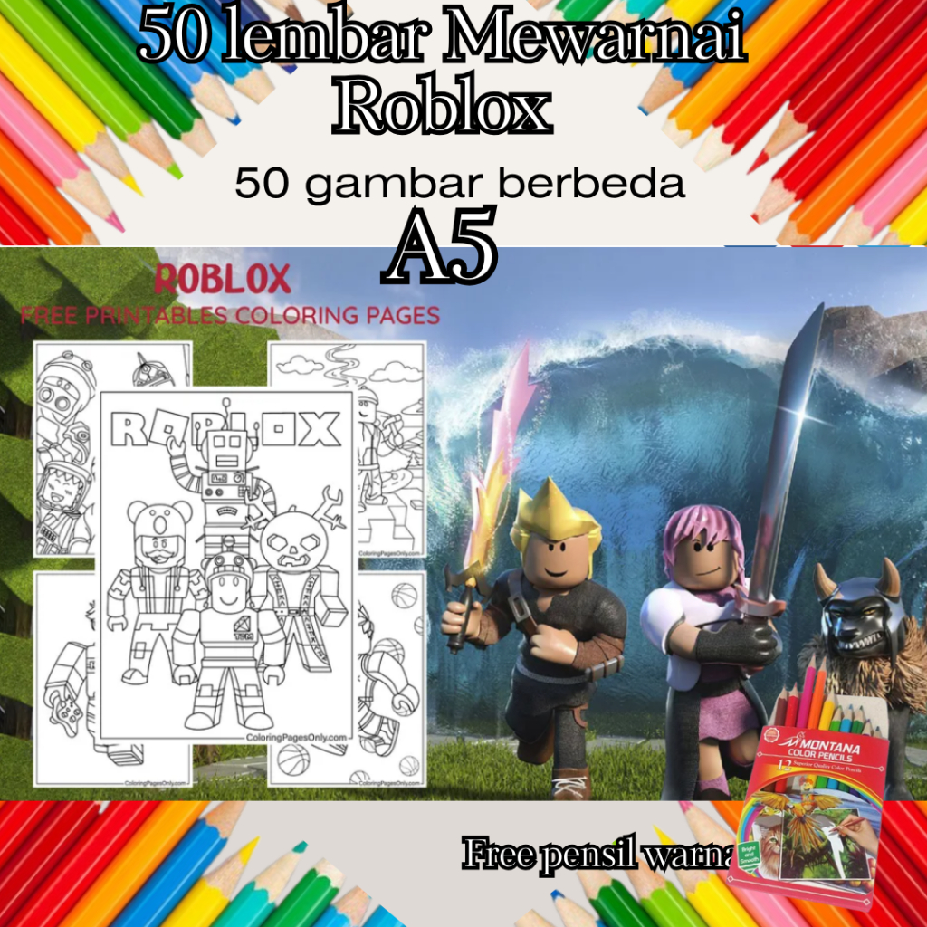 

50 Lembar Mewarnai Roblox Anak A5 Free Pensil Edukatif