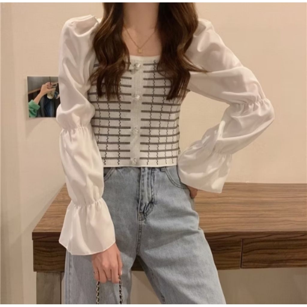 NEW HOT ❤baju crop top korea Kotak-kotak