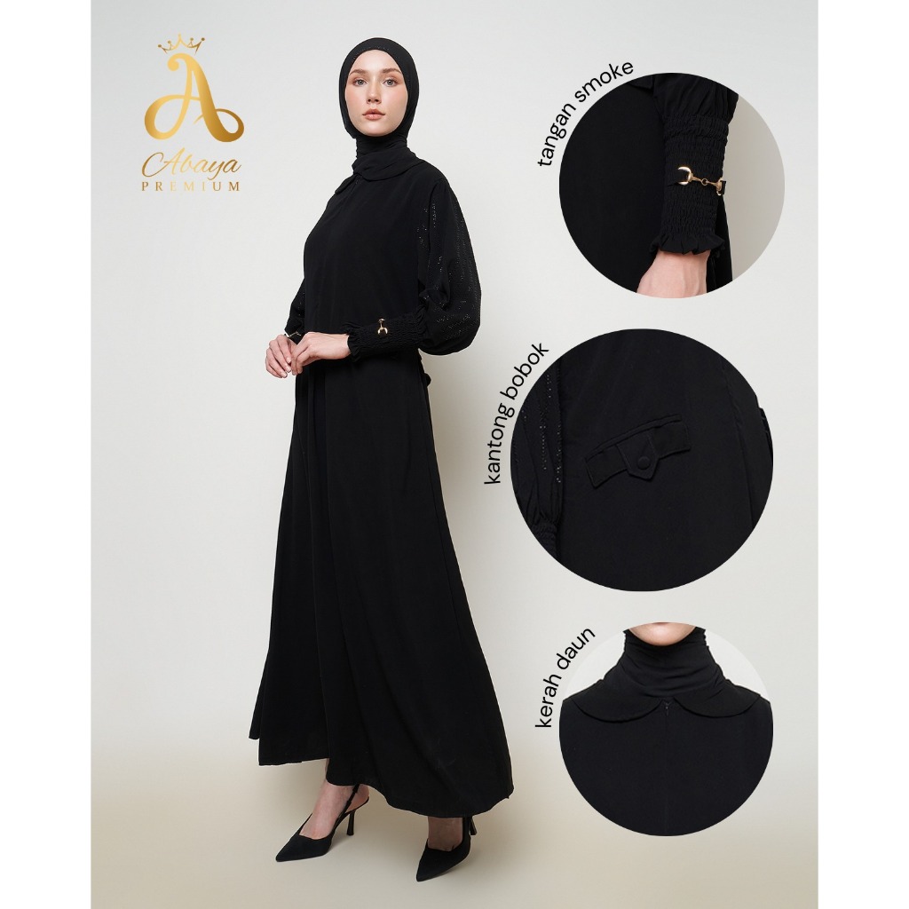 Abaya premium one set plus pasmina gamis arab hitam jet black dubai madinah smoke terbaru 204