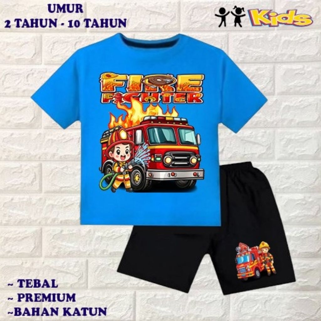 setelan baju anak laki-laki perempuan baju kaos anak laki-laki perempuan motif mobil pemadam umur 6 