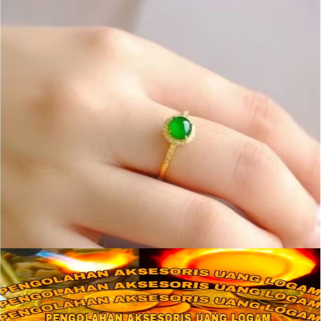 Cincin wanita Dewasa Batu Hijau Permata Bahan koin logam Ori Lapis Emas 24k Anti karat