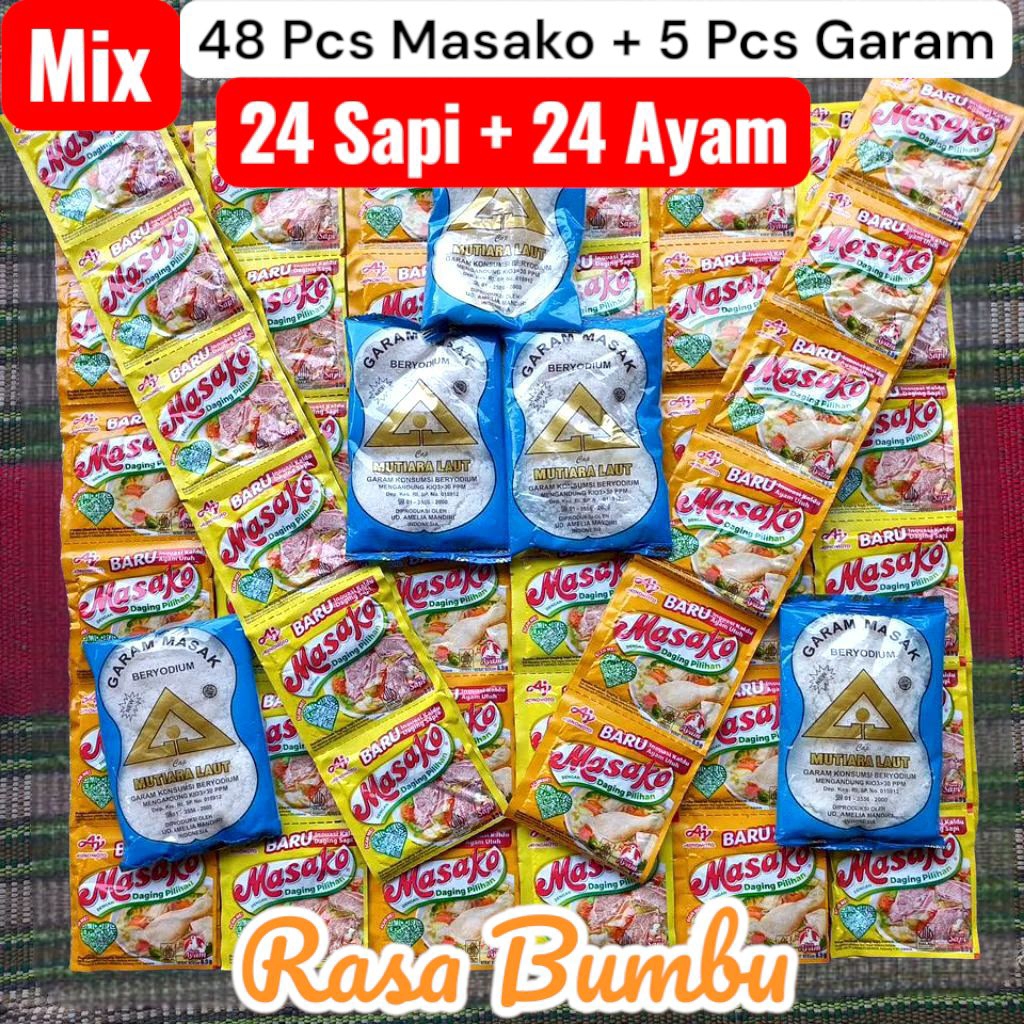 

Mix Masako 24+24 (48pcs) ayam sapi | 5 pcs garam masak beryodium cap segiti mas teknologi modern + Masako 48 mix Pcs daging pilihan bumbu rasa baru sapi ayam