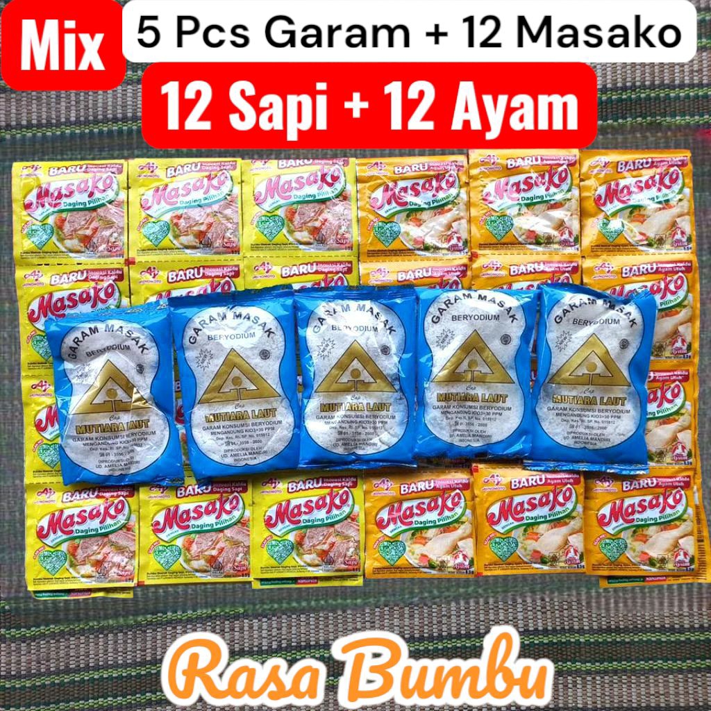 

Mix 5 Pcs Garam | Masako 12+12 (24pcs) ayam sapi masak beryodium cap segiti mas teknologi modern + Masako 24 mix Pcs daging pilihan bumbu rasa baru sapi ayam