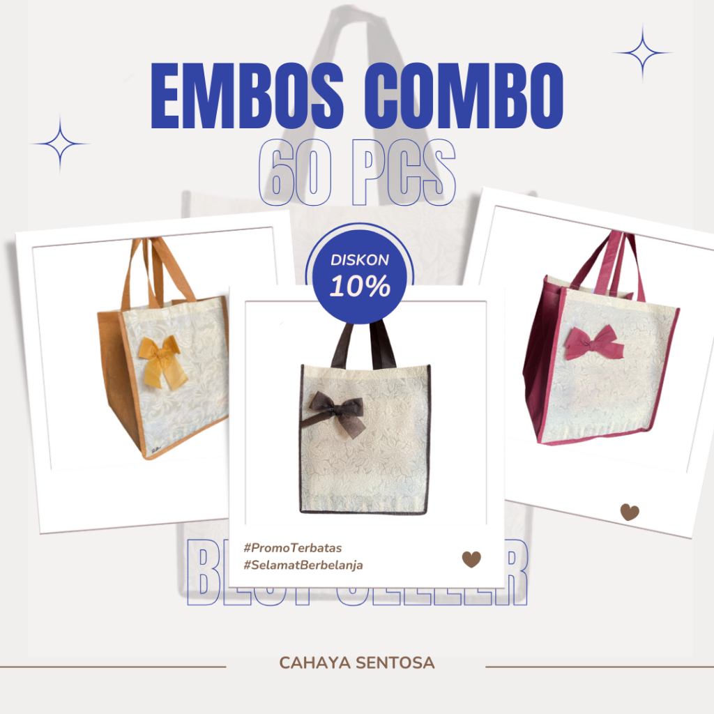 

Paket COMBO 60 Biji Tas Hajatan Embos Kombinasi ukuran Dus 18, 20, 22 Warna Warni Best Seller