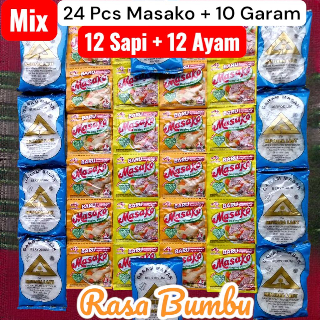 

Mix Masako 12+12 (24pcs) ayam sapi | 10 pcs garam masak beryodium cap segiti mas teknologi modern + Masako 24 mix Pcs daging pilihan bumbu rasa baru sapi ayam