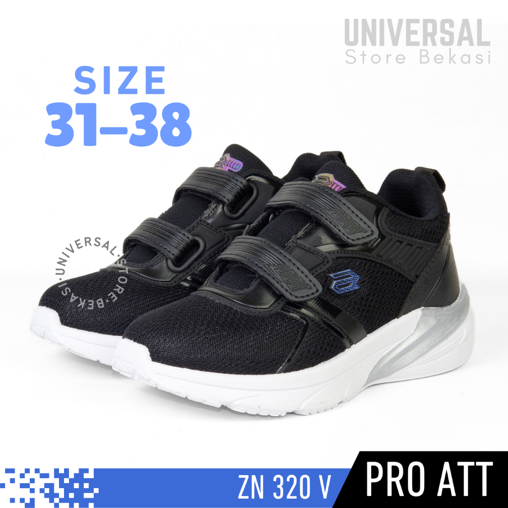 Sepatu Sekolah Anak Laki Perempuan Perekat Kreket SD Kelas 1-6 Sneakers Hitam Putih PRO ATT ZN 320 V