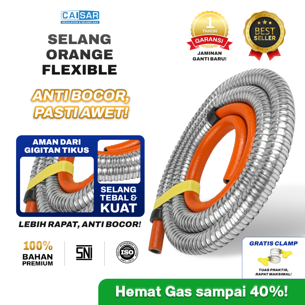 CAISAR - Selang Gas Orange Flexible Tebal ANTI BOCOR + Klem Clamp | Anti Tikus Untuk Kompor Tekanan 