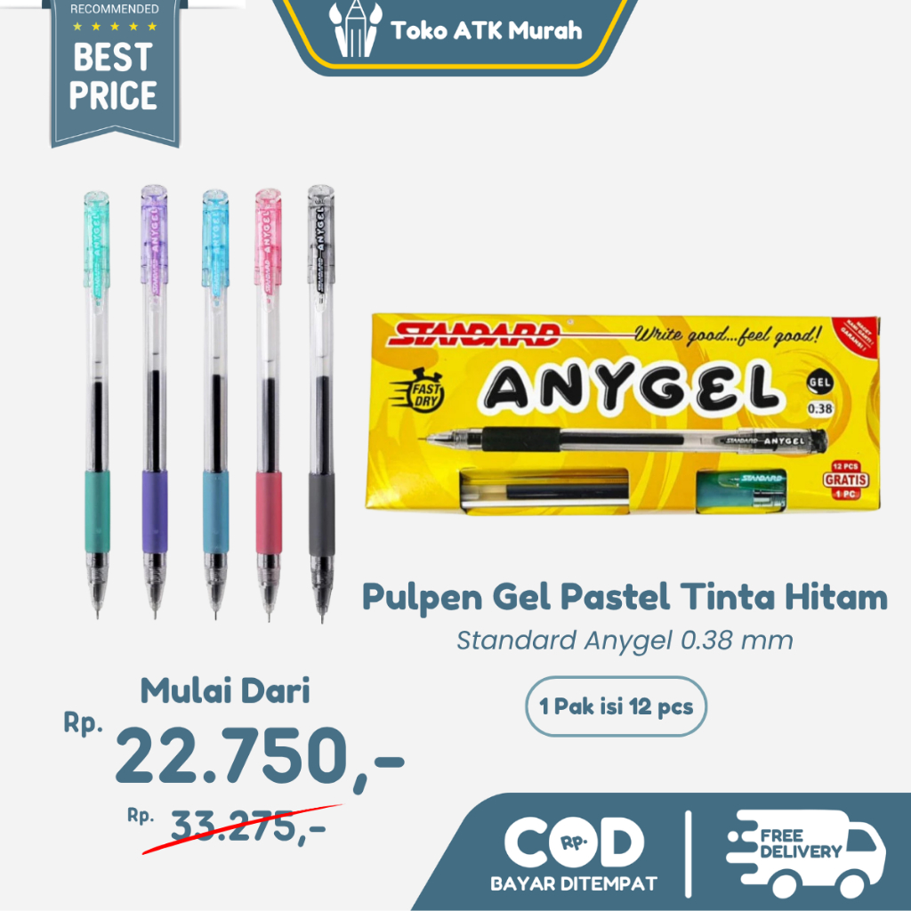 

1 PAK / 12 PCS Ballpoint Standard Anygel 0.38 Pulpen Gel Pastel Tinta Hitam - Lusin