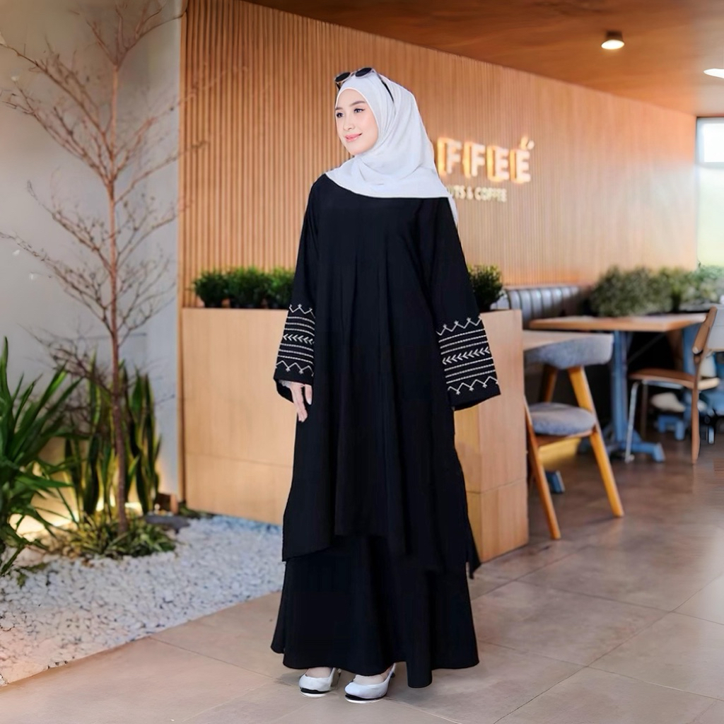 Set Abaya Malaysia Set Abaya Rok Bordir Lengan Bahan Woolpeach Lux