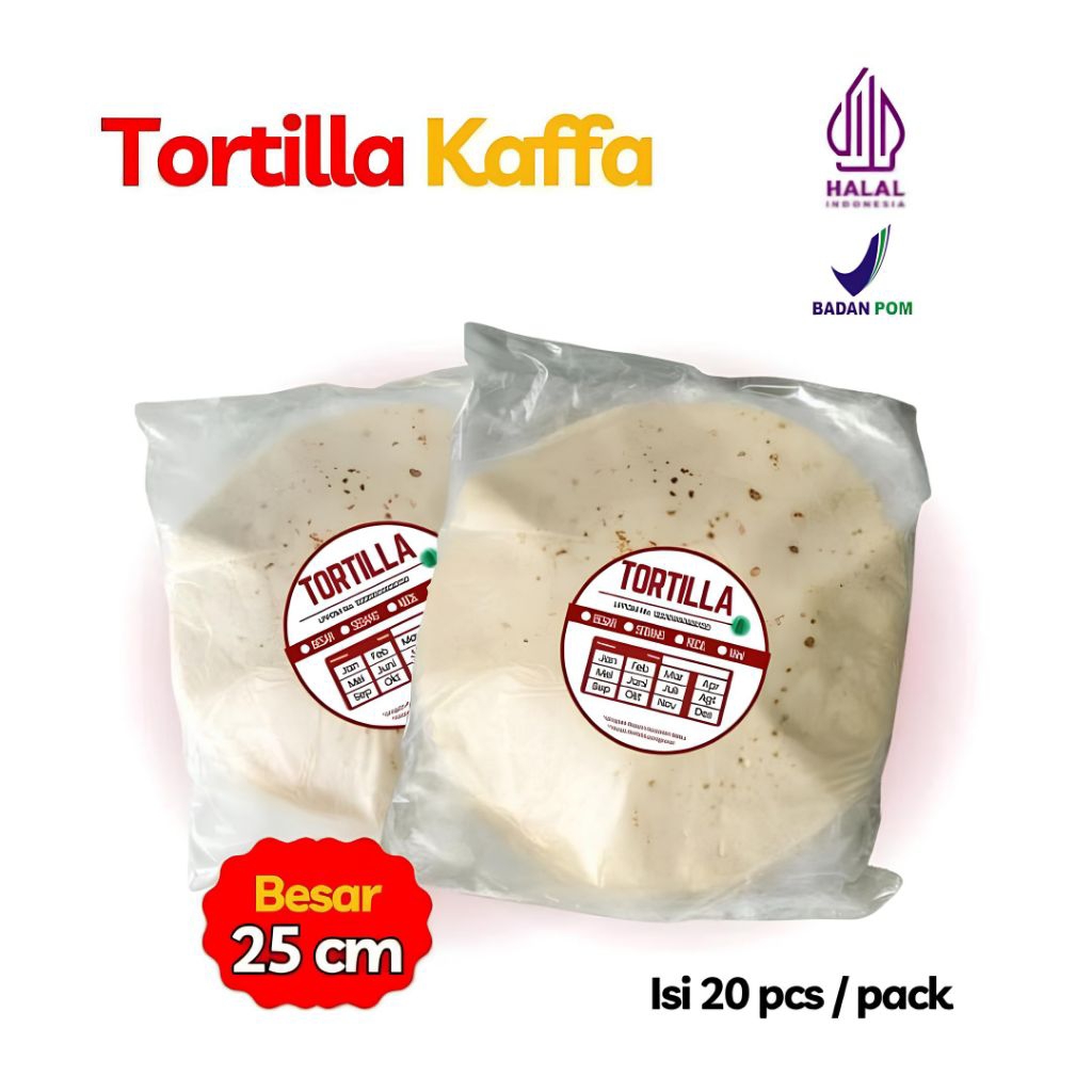 

Tortilla PREMIUM Kaffa 25cm 1 pack isi 20 lembar HALAL 100%/Kulit Kebab Besar/KUALITAS PREMIUM FROZEN FOOD