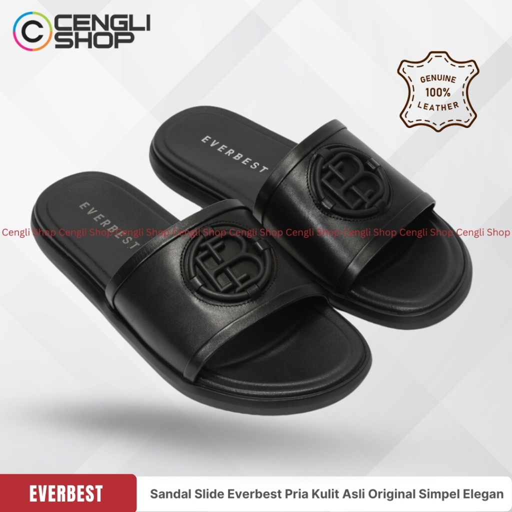 SANDAL SLIDE EVERBEST PRIA ORIGINAL SENDAL SELOP SLIP ON SLOP KULIT ASLI HITAM EM25