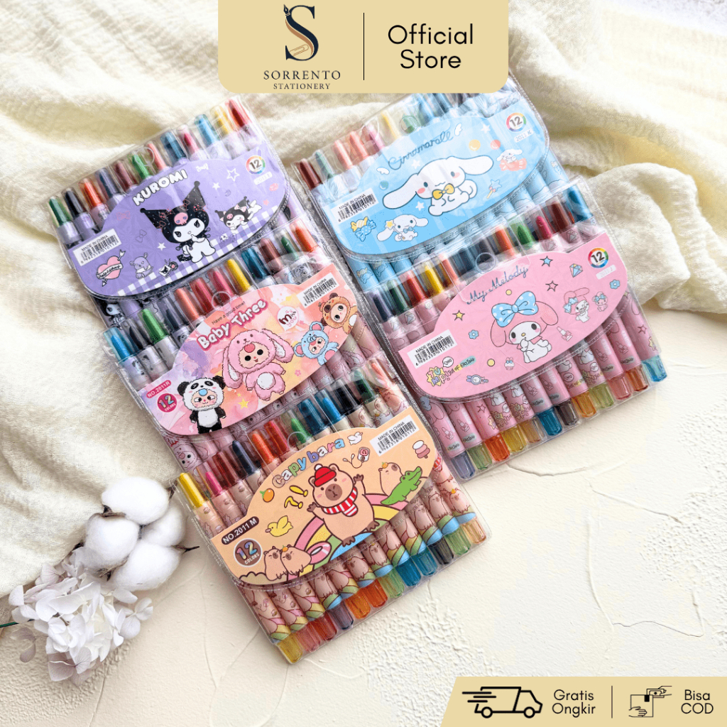 

Set 12 Warna Krayon Putar Baby Three Sanrio Capybara - Crayon Anak Portable Karakter Lucu