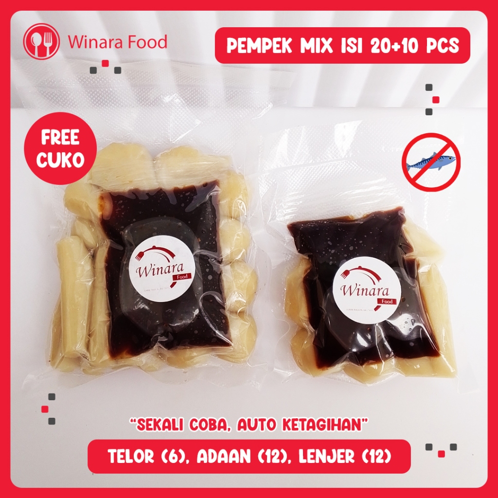 

Pempek Winara Mix isi 30 pcs - Pempek DOS Tanpa Ikan - Pempek Palembang - Pempek Cuko Sedap