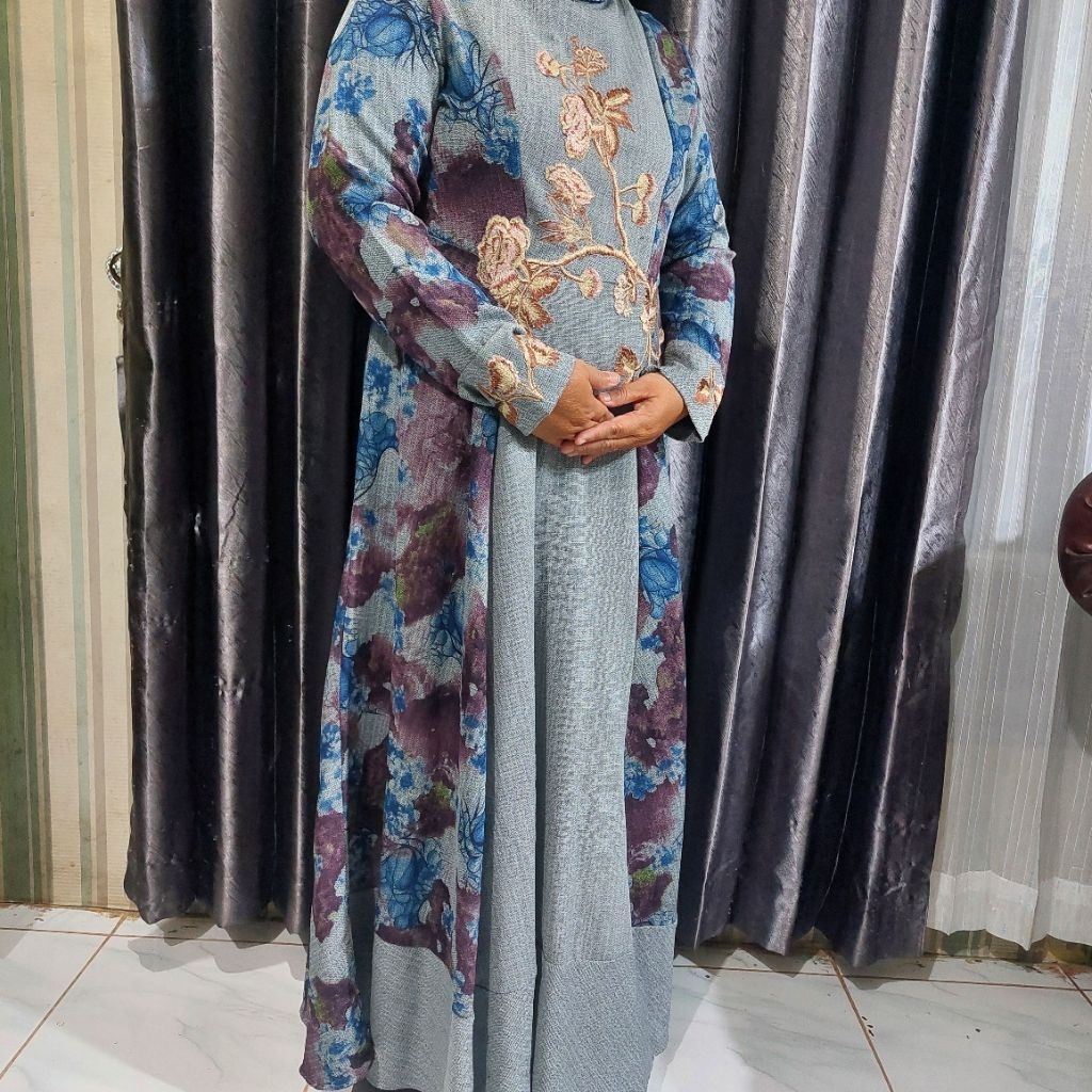 [PRELOVED] Dress/Gaun/Gamis Wanita Motif Bunga Biru Laut Lengan Panjang BACA DESKRIPSI