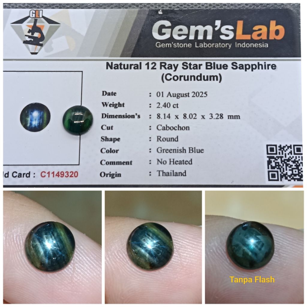 Natural Greenish Blue Star sapphire Thailand 2,4ct memo GLI Safir 12 star bagus