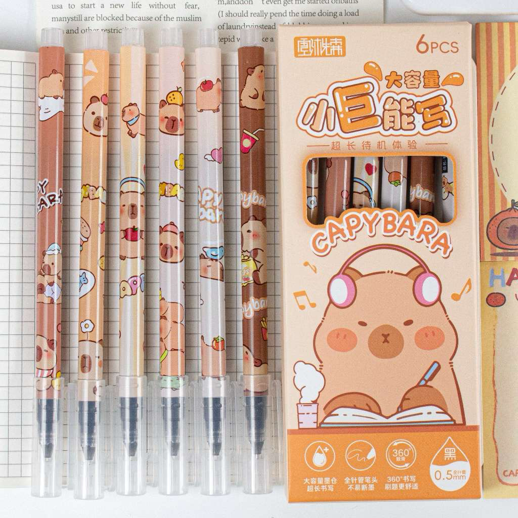 

1 Set 6 Pcs Pulpen Gel Tipe Runcing Karakter Capybara