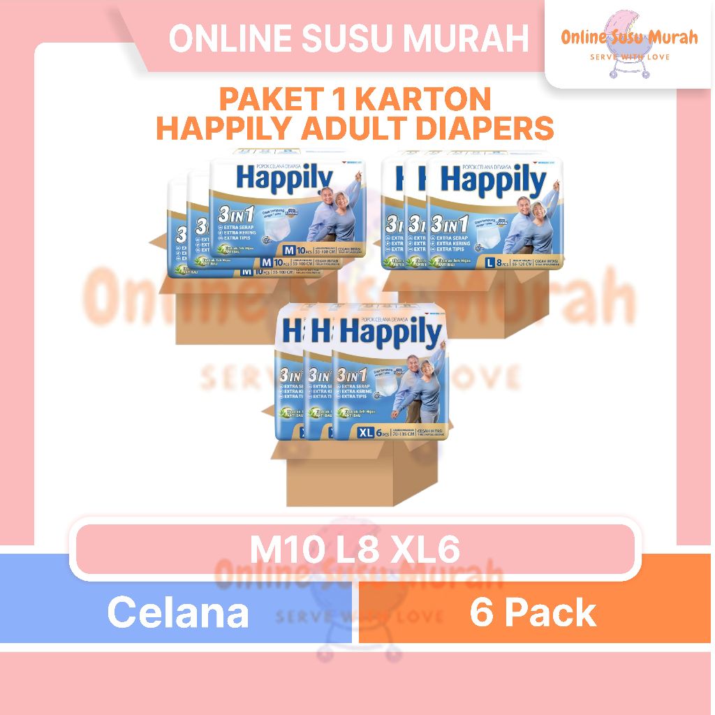 HAPPILY PAKET 1 KARTON 6 BALL POPOK CELANA DEWASA 3IN1 M10 L8 XL6 DIAPERS ADULT M 10 L 8 XL 6 PPKS