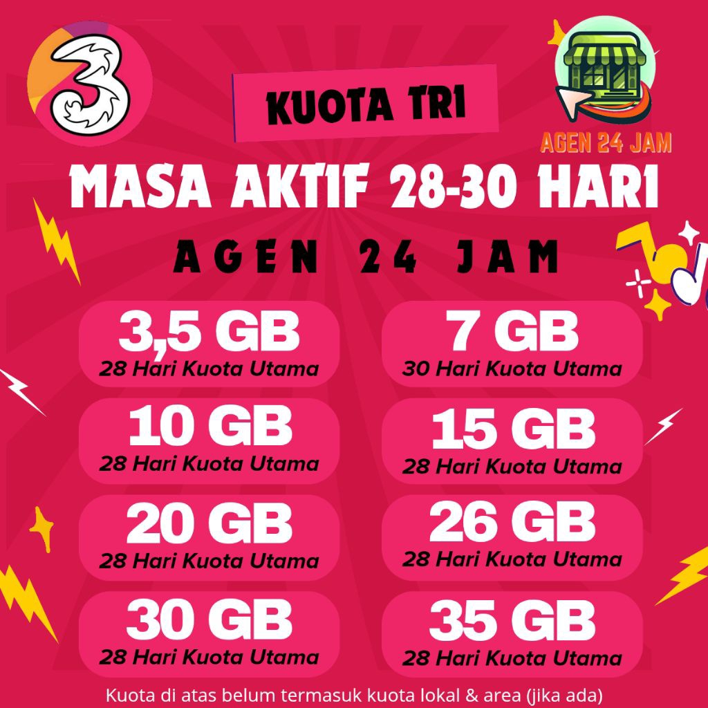 PAKET DATA TRI MASA AKTIF 28-30 HARI / KUOTA INTERNET TRI TERMURAH 24 JAM NOMINAL KECIL 3,5 - 35 GB