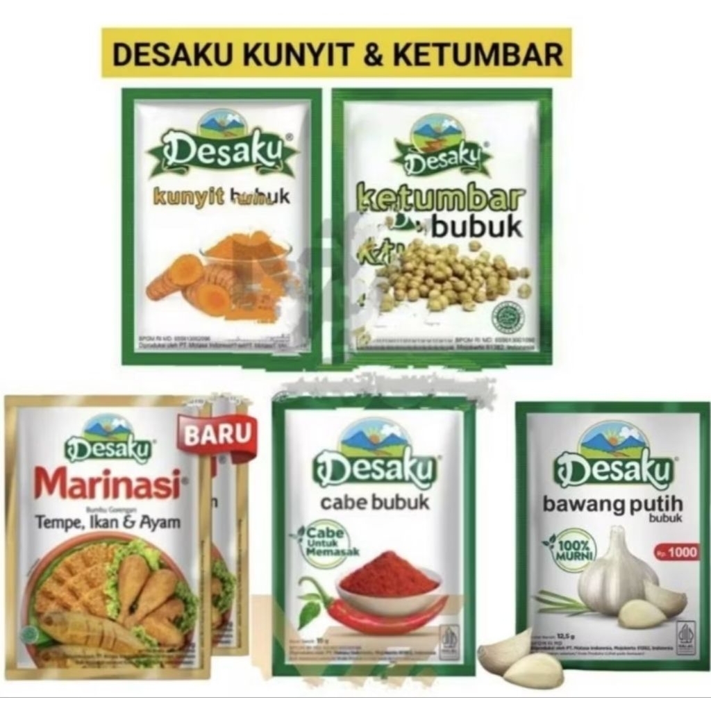 

Desaku bumbu marinasi / ketumbar / kunyit / bawang putih / cabe bubuk 1 renceng