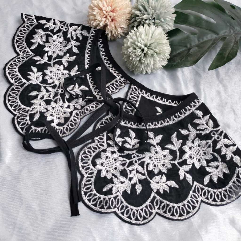 Kerah Palsu Kerah Instan Hitam Putih Bordir Renda Tempel Elegan Motif Bunga Retro Vintage