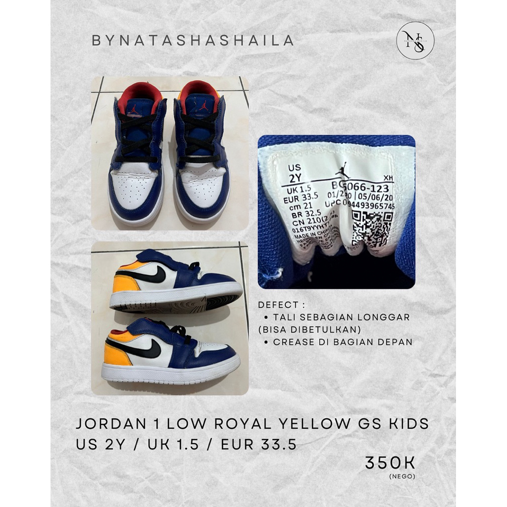Jordan 1 Low Royal Yellow GS Kids Original Preloved