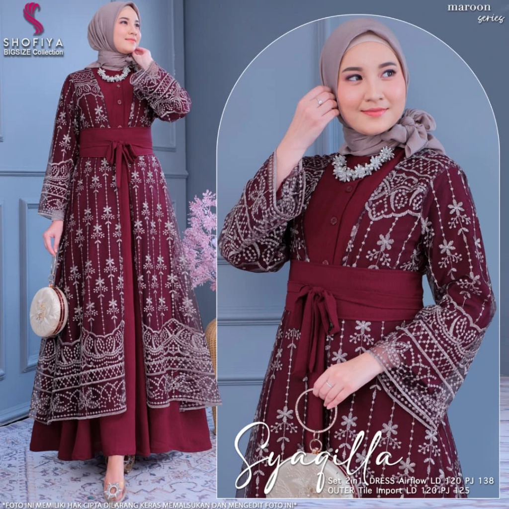 Gamis Pesta Wanita Terbaru Syaqilla Dress Tile Outher Brukat Premium Free Belt Dress Busui Frendly