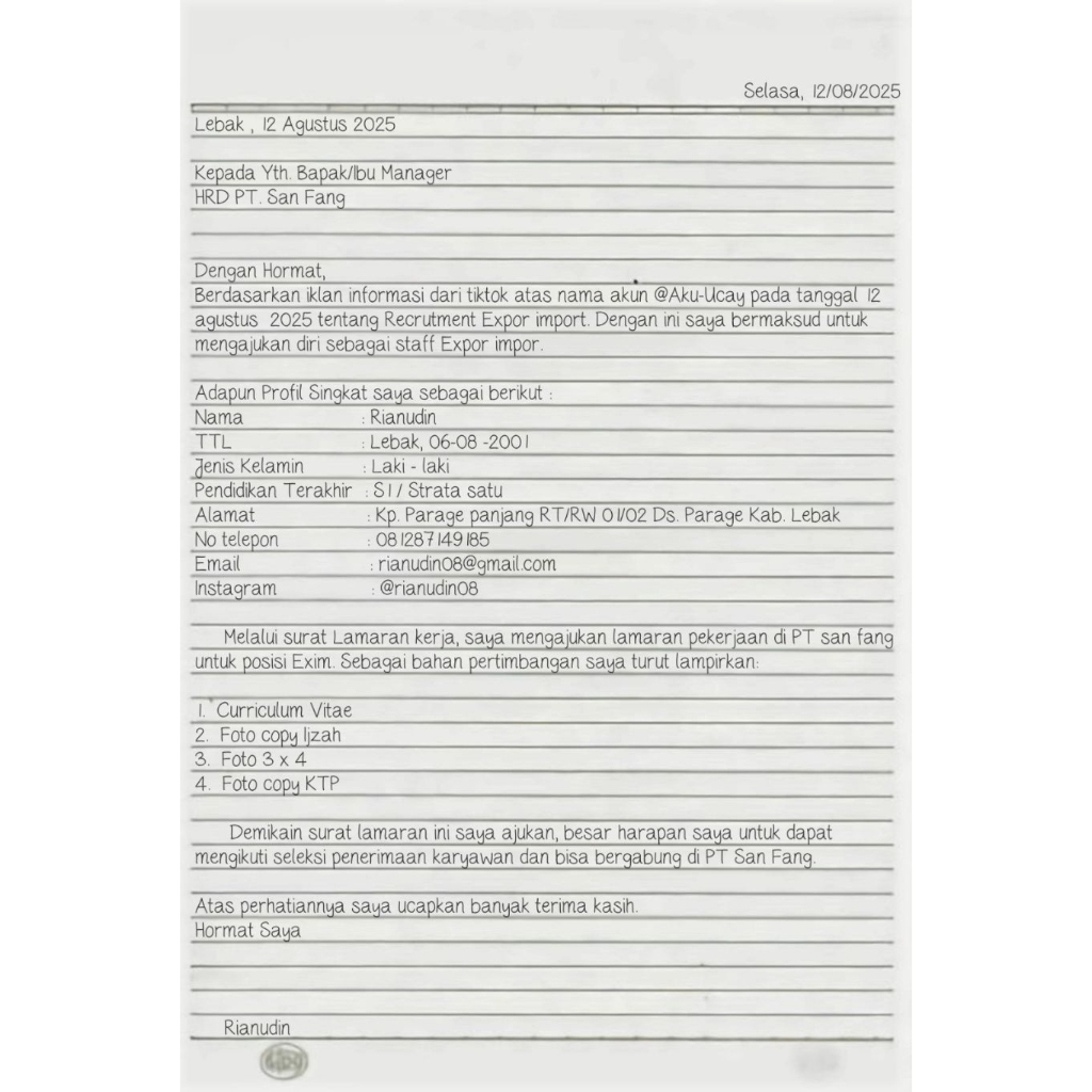JASA PEMBUATAN SURAT LAMARAN TULIS TANGAN CEPAT