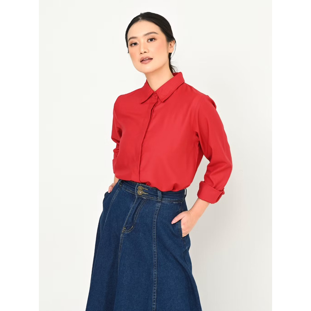 Kemeja Merah Wanita | Kemeja Merah Putih Wanita | Kemeja Polos Merah Wanita | Atasan Merah Cewek