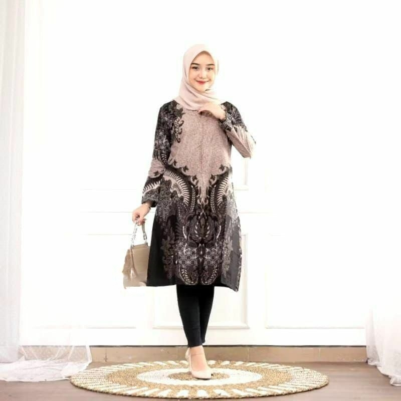 Atasan Batik Muslimah Tunik Batik Wanita Lengan Panjang Syari Modern Kerja Kantor Terbaru A1