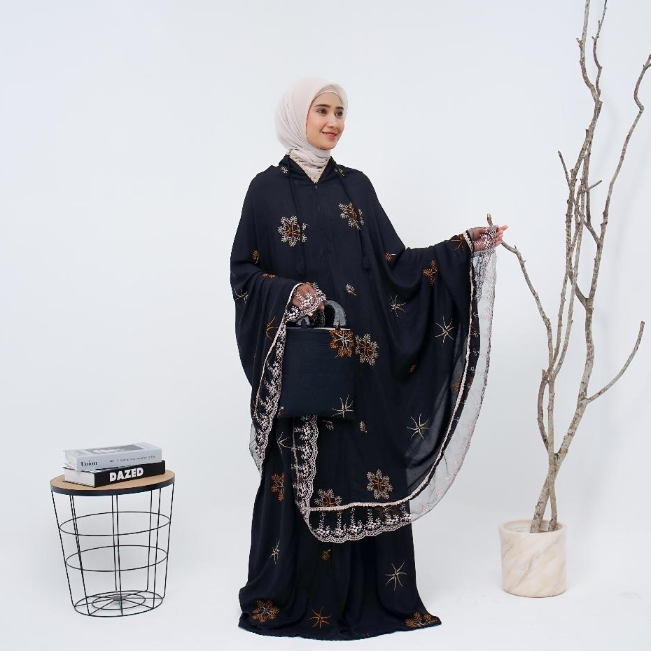 MEVIA Mukena Bordir Rayon Hitam Motif Bintang Tile Terbaru / Mukena Rayon Bordir