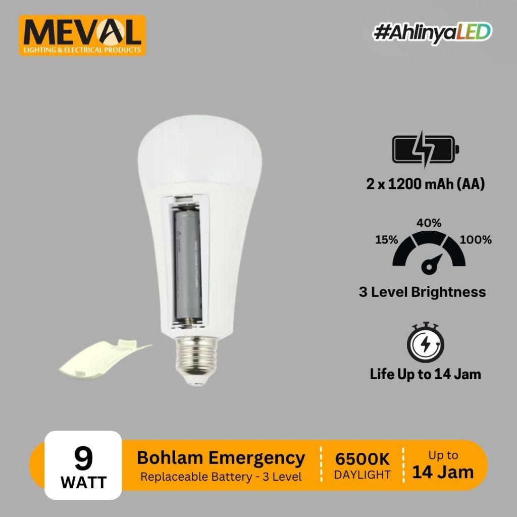 MEVAL Lampu Bohlam Emergency LED Bulb Baterai rechargeable terpisah 9 Watt atau 12 Watt