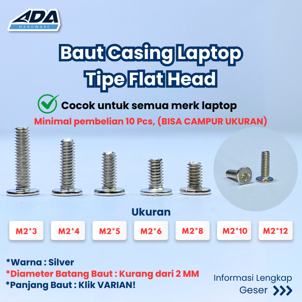 Baut Screw Skrup Silver Baud Untuk Laptop HP ASUS LENOVO ACER Flat Head Kepala Datar M2 M2,5 M3 M4
