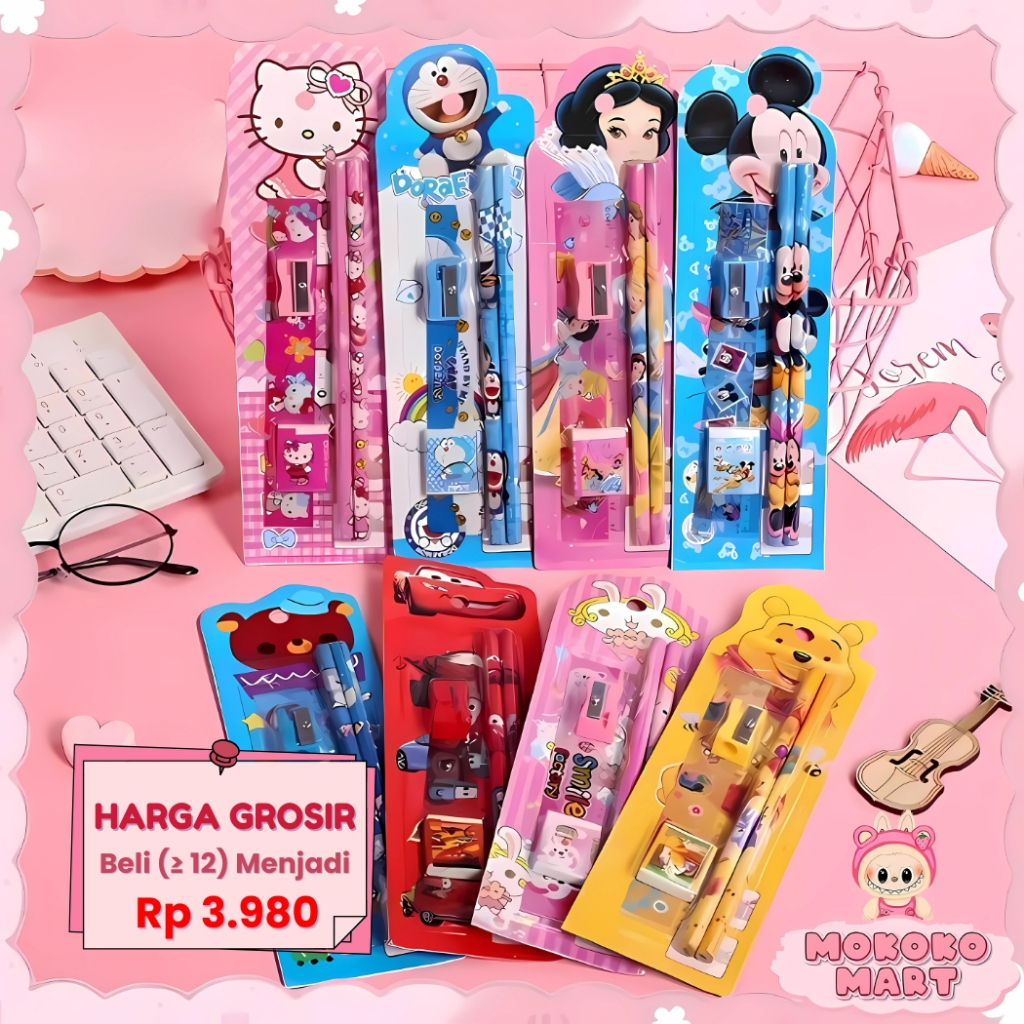 

MM 5in1 Pensil Set Alat Tulis Anak Lucu Penghapus Tempat Pensil Buku Tulis Sekolah STATIONERY LG-01