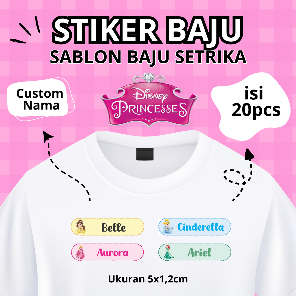 

Stiker Baju Custom Nama Tema Princess Disney | Sablon Baju Setrika Anti Air | DTF Nama Disney